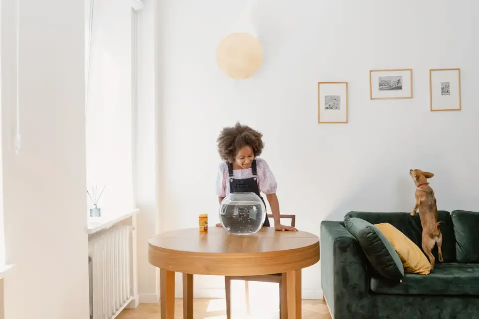 Dog eating from a bowl at home