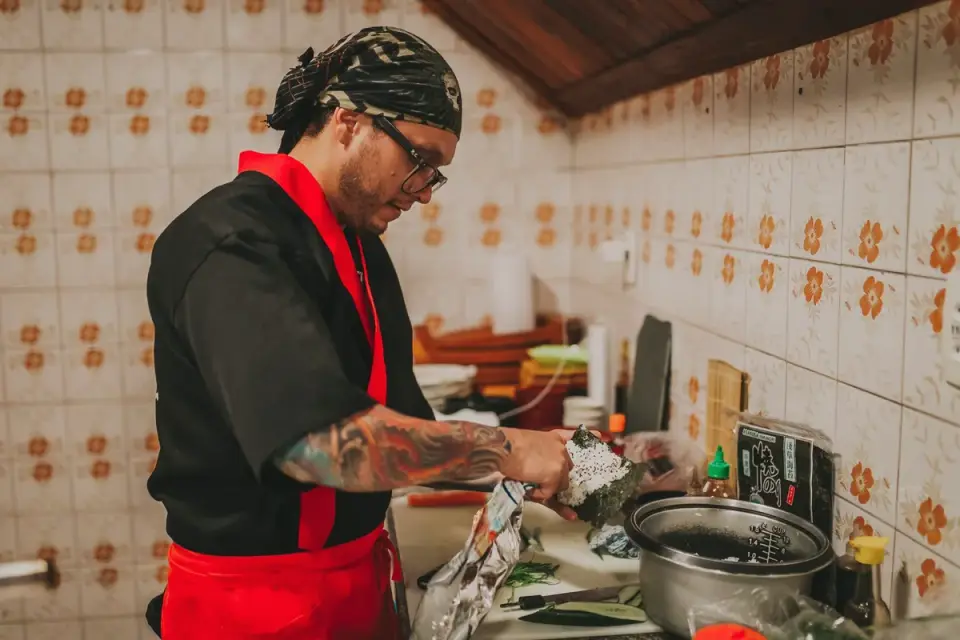Dog owner preparing a meal