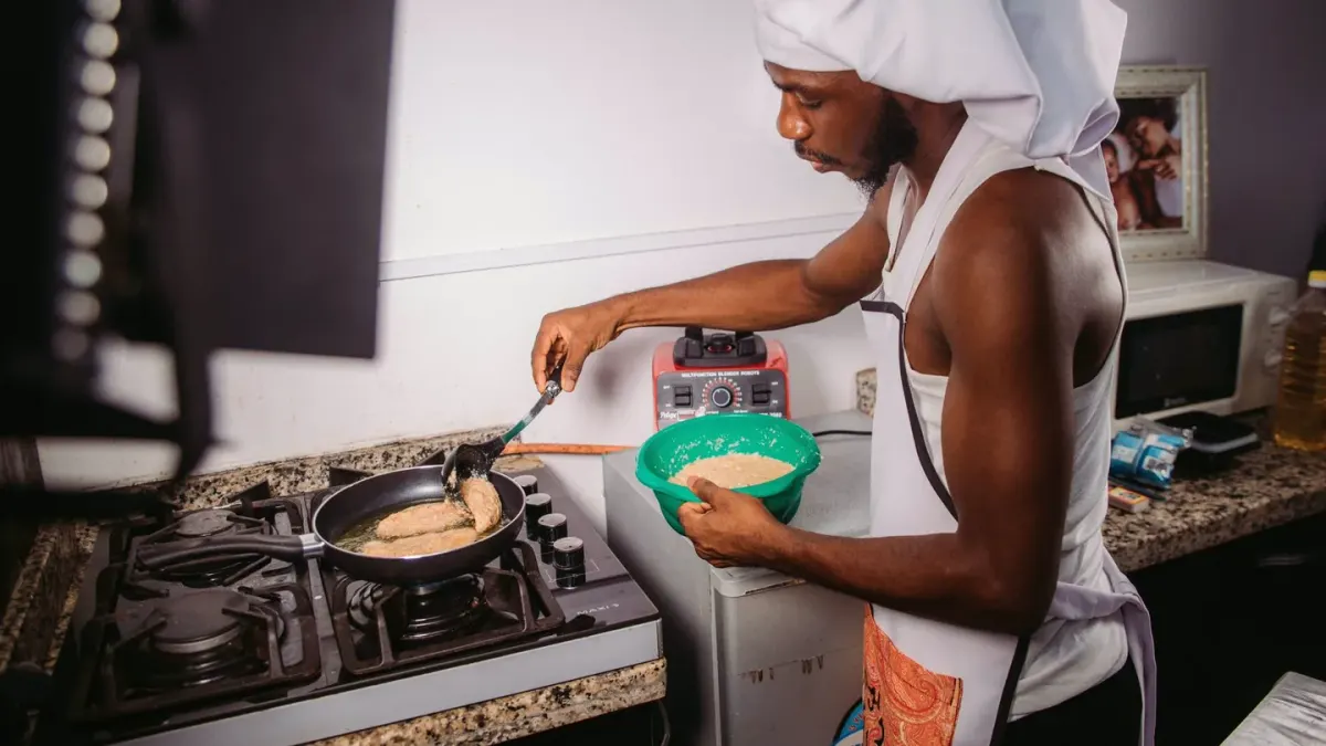 Dog owner preparing a meal