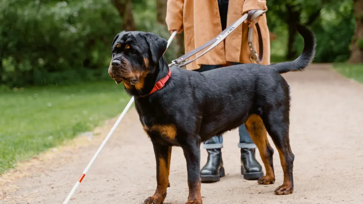Dog walking with an owner